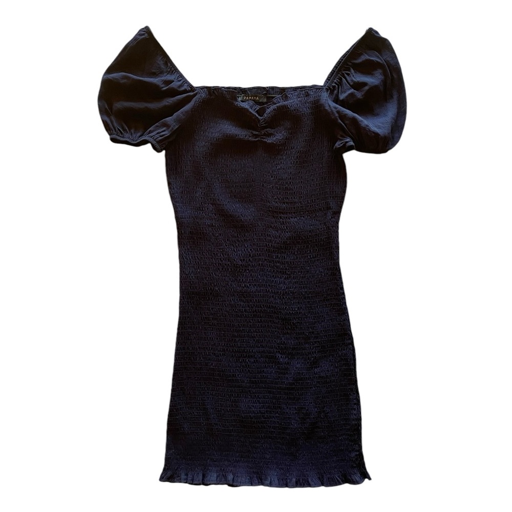 New Papaya Navy Blue Gathered Puffy Sleeves Mini Dress